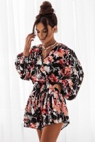 Kombinezon w kwiaty ANASTAZJA z dekoltem typu V-neck i efektownymi, bufiastymi rękawami