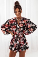 Kombinezon w kwiaty ANASTAZJA z dekoltem typu V-neck i efektownymi, bufiastymi rękawami