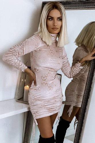 SUKIENKA WELUROWA VELVET STARS POWDER dopasowana welurowa z modnym marszczeniem