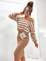 Komplet CLAUDIA - Swetrowa Bluza w Paski i Sukienka - Elegancka Moda Damska na każdą okazję