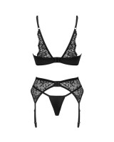 Zmysłowy Komplet Bellastia: Biustonosz, Stringi i Pas do Pończoch - Czarna Elegancja!