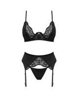 Zmysłowy Komplet Bellastia: Biustonosz, Stringi i Pas do Pończoch - Czarna Elegancja!