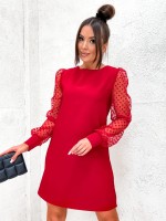 Elegancka Sukienka Dancing Circles- Trapezowa Sukienka z Tiulowymi Rękawami w Kropki