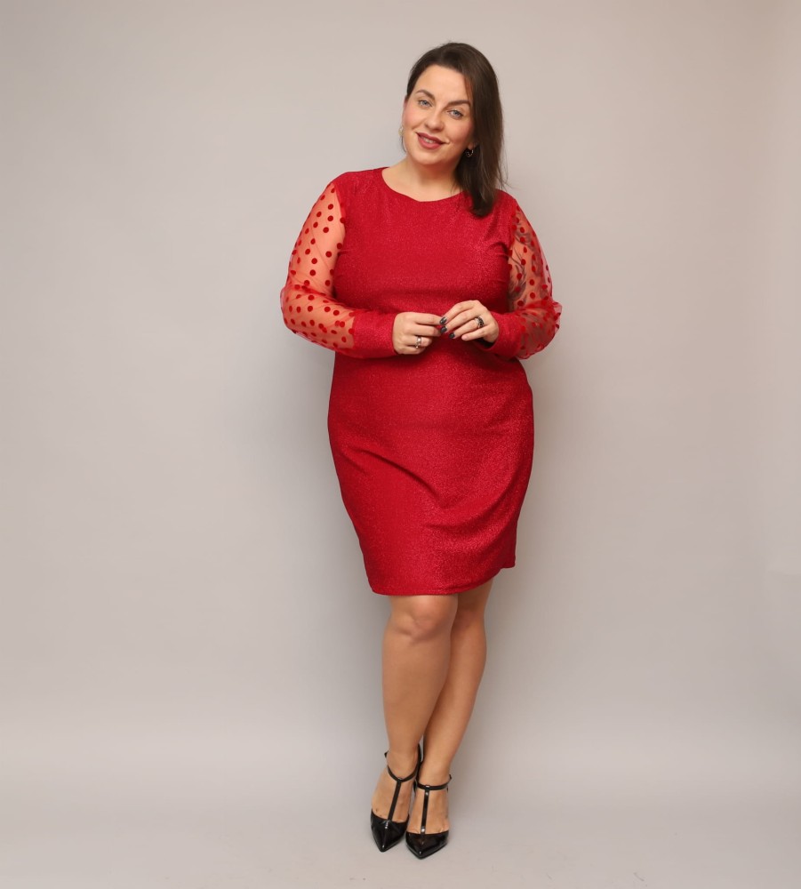 Elegancka Sukienka Dancing Circles- Trapezowa Sukienka z Tiulowymi Rękawami w Kropki  PLUS SIZE