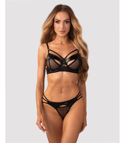 Dominna Komplet 2-Częściowy Biustonosz na Fiszbinach Stringi Siateczka Imitacja Skóry