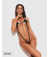 Anyya Black body damskie imitacja skóry, złote łańcuszki