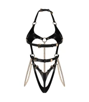 Anyya Black body damskie imitacja skóry, złote łańcuszki