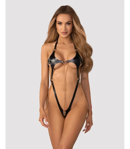 Anyya Black body damskie imitacja skóry, złote łańcuszki