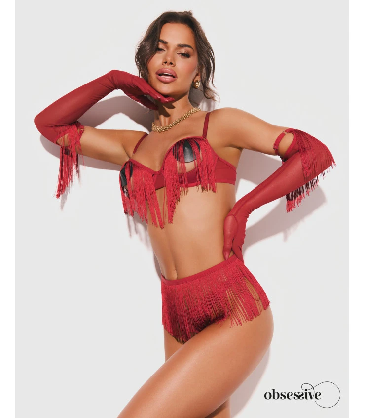 Rossay Red czerwony komplet 4-częściowy biustonosz stringi pas rękawiczki