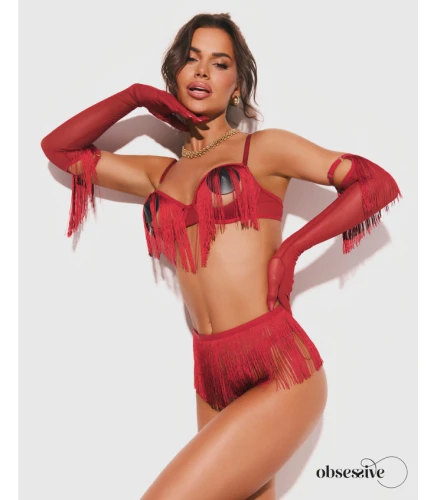 Rossay Red czerwony komplet 4-częściowy biustonosz stringi pas rękawiczki