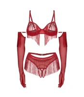 Rossay Red czerwony komplet 4-częściowy biustonosz stringi pas rękawiczki