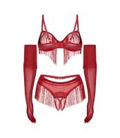 Rossay Red czerwony komplet 4-częściowy biustonosz stringi pas rękawiczki