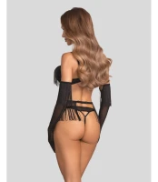 Rossay Black czarny komplet 4-częściowy biustonosz stringi pas rękawiczki