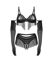 Rossay Black czarny komplet 4-częściowy biustonosz stringi pas rękawiczki