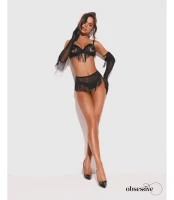 Rossay Black czarny komplet 4-częściowy biustonosz stringi pas rękawiczki