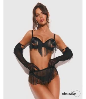 Rossay Black czarny komplet 4-częściowy biustonosz stringi pas rękawiczki