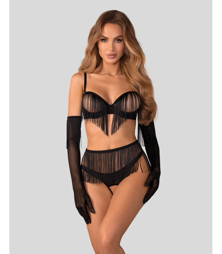 Rossay Black czarny komplet 4-częściowy biustonosz stringi pas rękawiczki