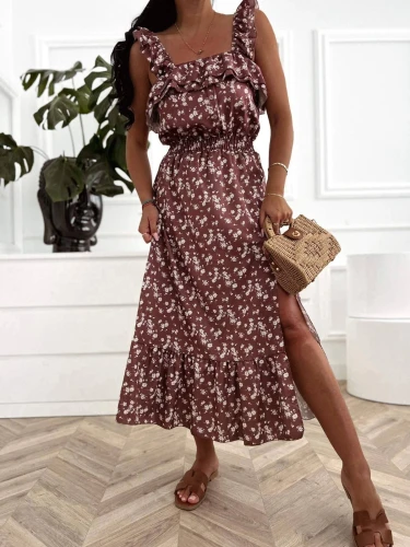 Sukienka damska maxi w kwiaty z falbanami na ramiączkach boho brązowa