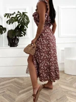 Sukienka damska maxi w kwiaty z falbanami na ramiączkach boho brązowa