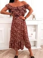 Sukienka damska maxi w kwiaty z falbanami na ramiączkach boho brązowa