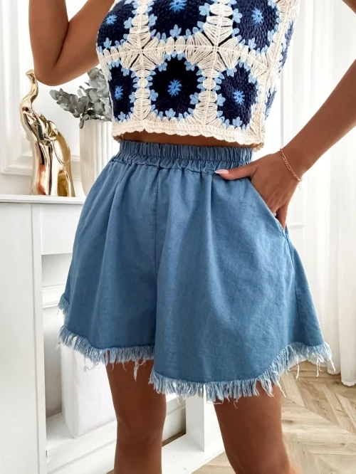 Szorty damskie jeansowe krótkie z frędzlami niebieskie letnie casual