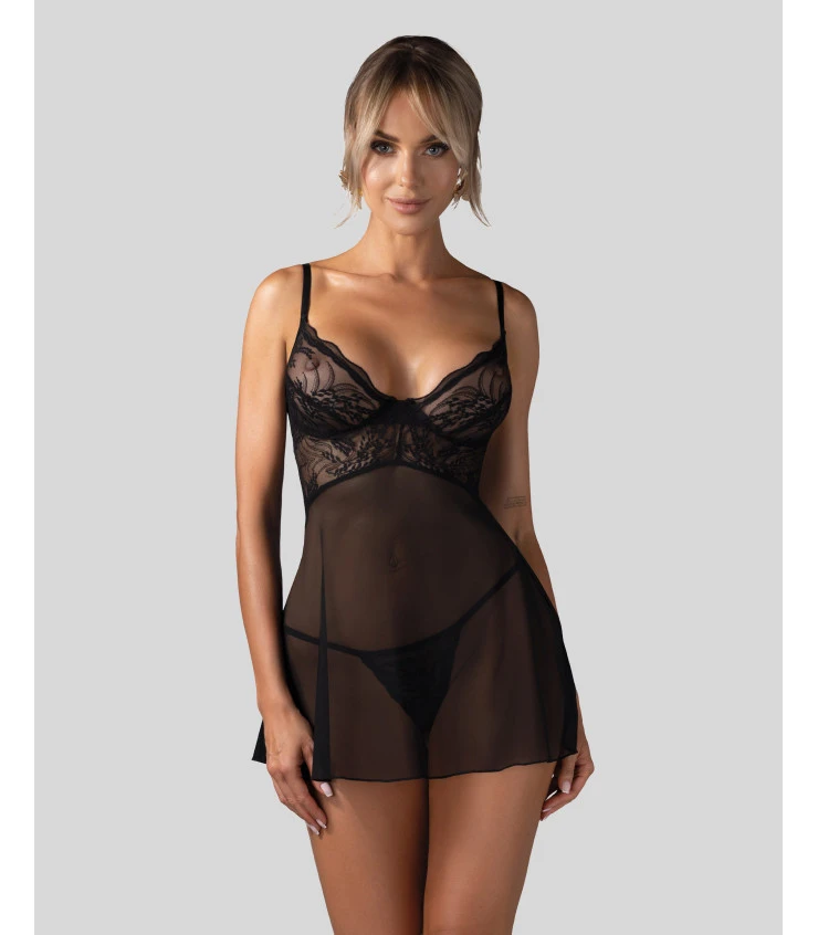 Perisia babydoll koronkowa koszulka nocna + stringi czarny komplet