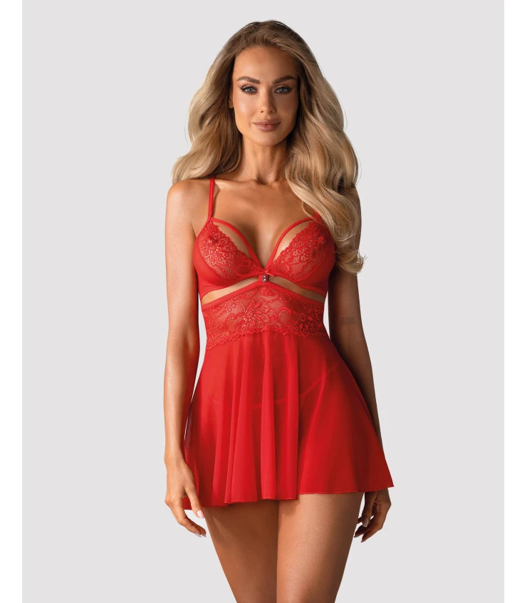 Czerwona koszulka nocna 838 - BAB - 3 babydoll zestaw zawiera stringi