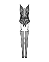 G324 Bodystocking Damskie Czarne Body Siateczkowe Otwarty Krok
